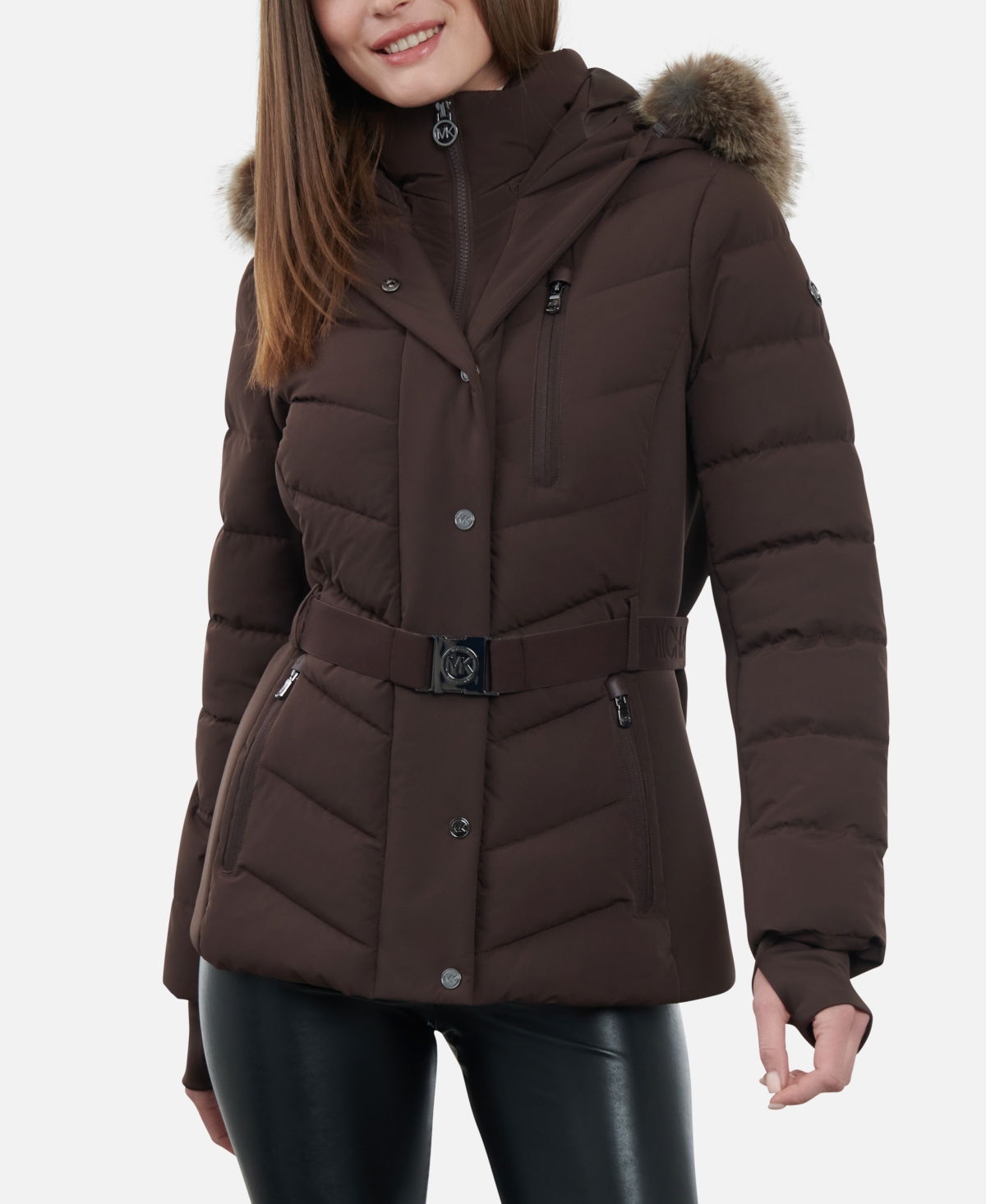 Michael Kors Women's Belted Faux-Fur-Trim Hooded Puffer Coat - Macy's