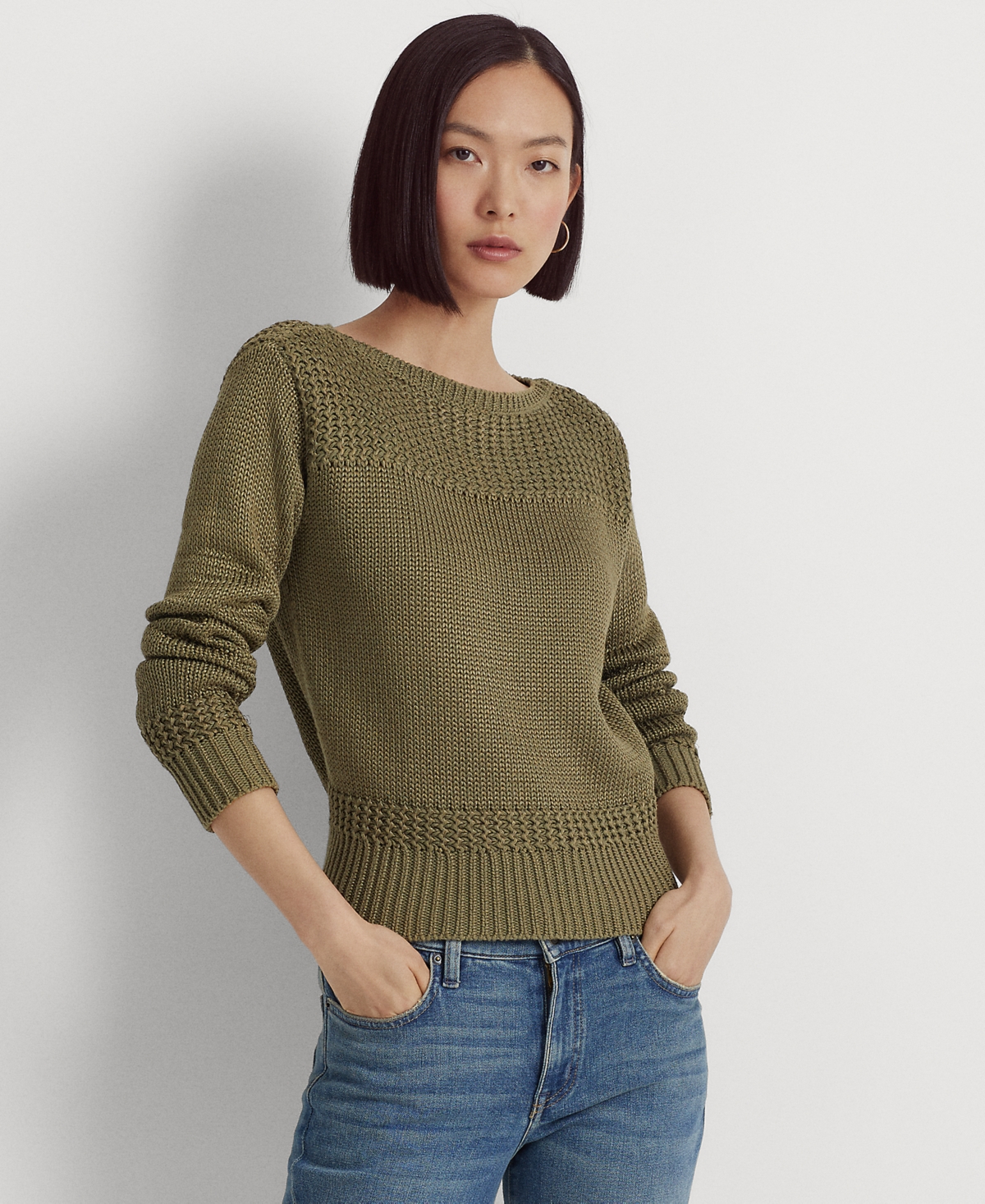 Lauren Ralph Lauren Cotton-blend Boatneck Sweater In Olive Fern