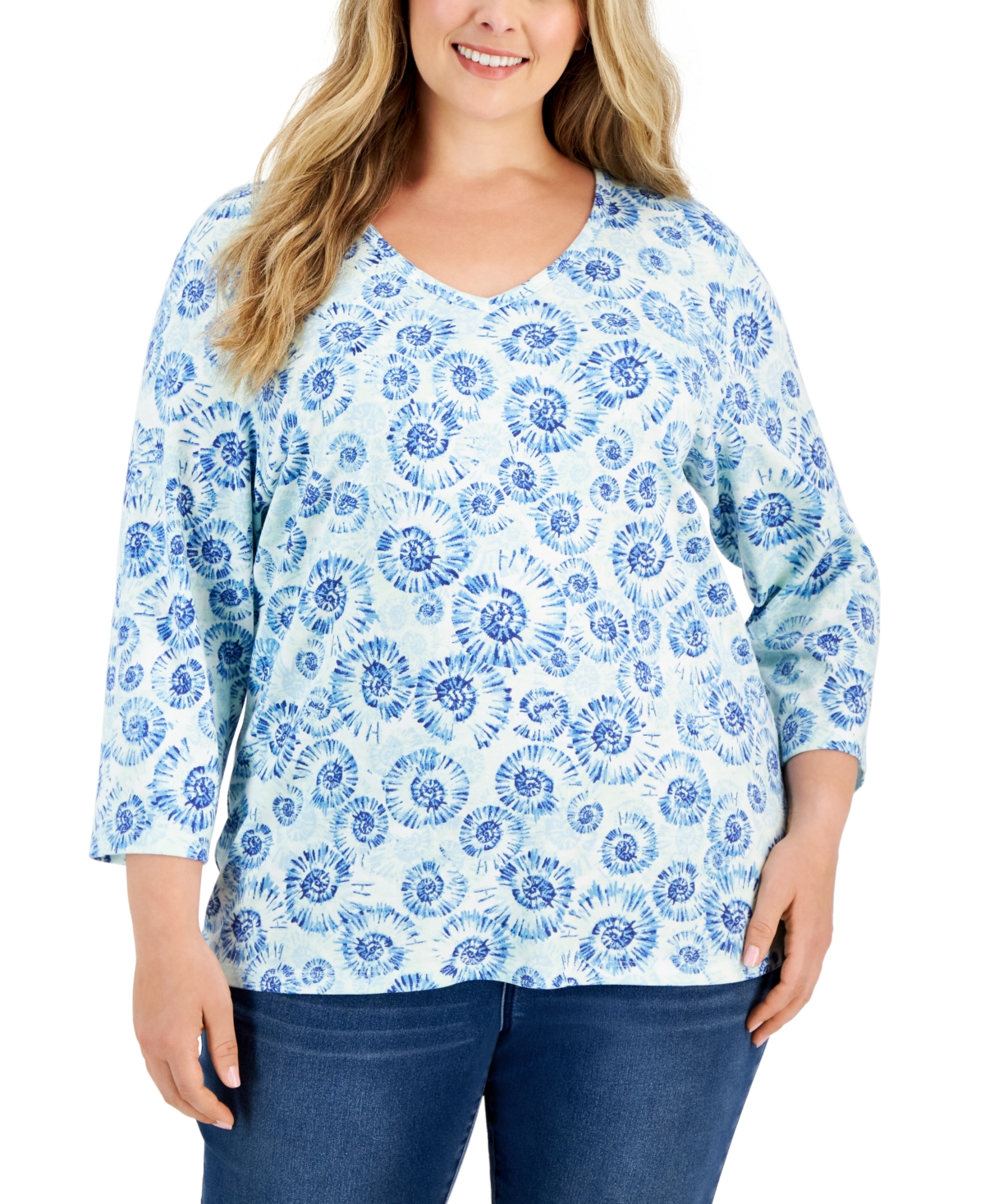 Plus Size 3/4-Sleeve Printed Top, Created for Macy's - Bright White
