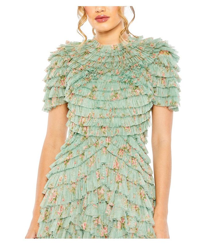 Mac Duggal Women's Ruffle Tiered Short Sleeve A Line Dress - Macy's