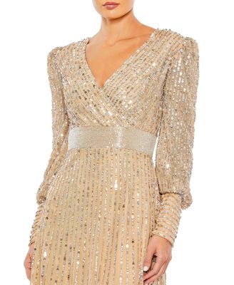 Women's Sequined Wrap Over Bishop Sleeve Gown