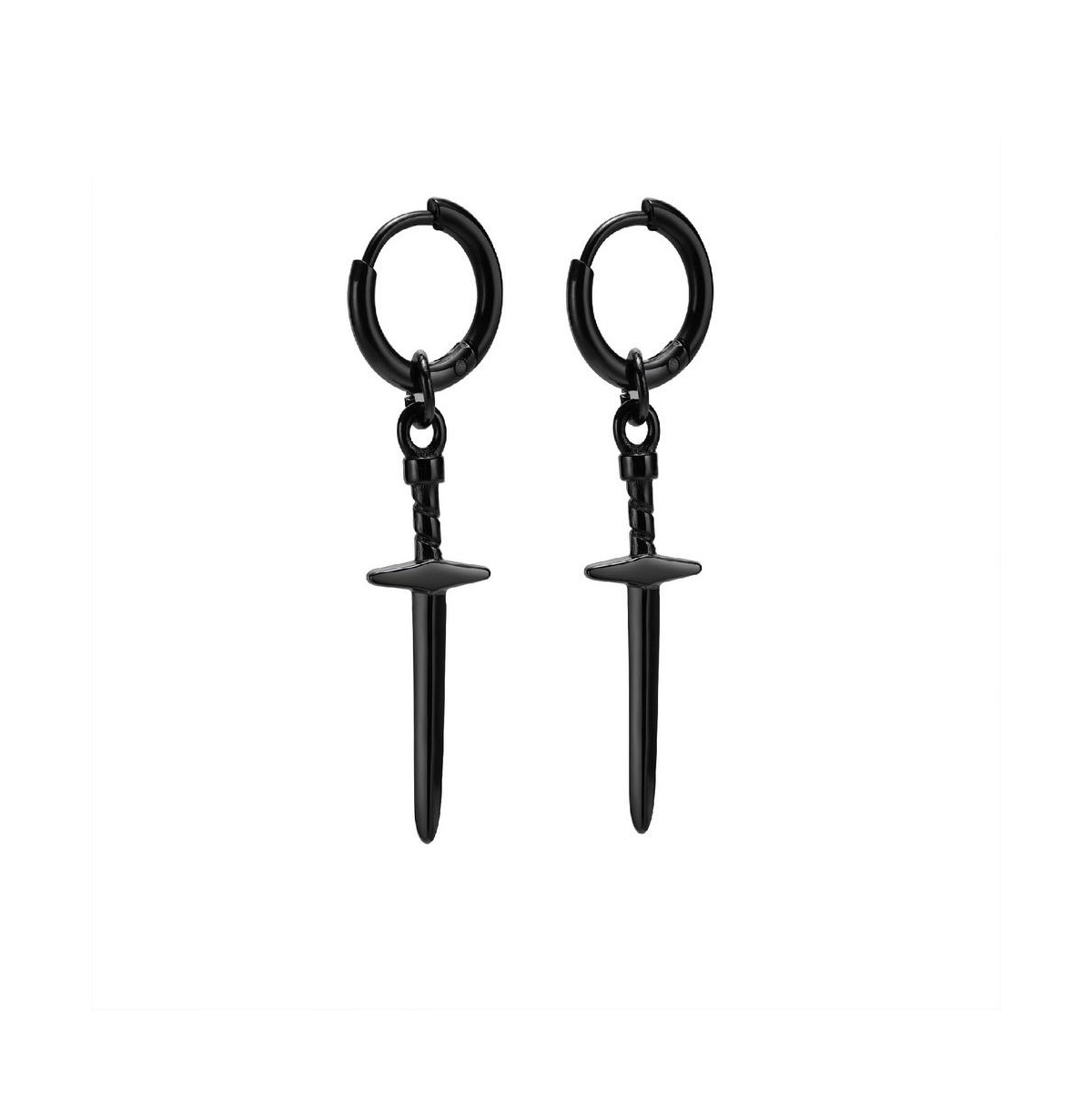 Stainless Steel Sword Charm Huggie Hoop Earrings - Black Plated - Black