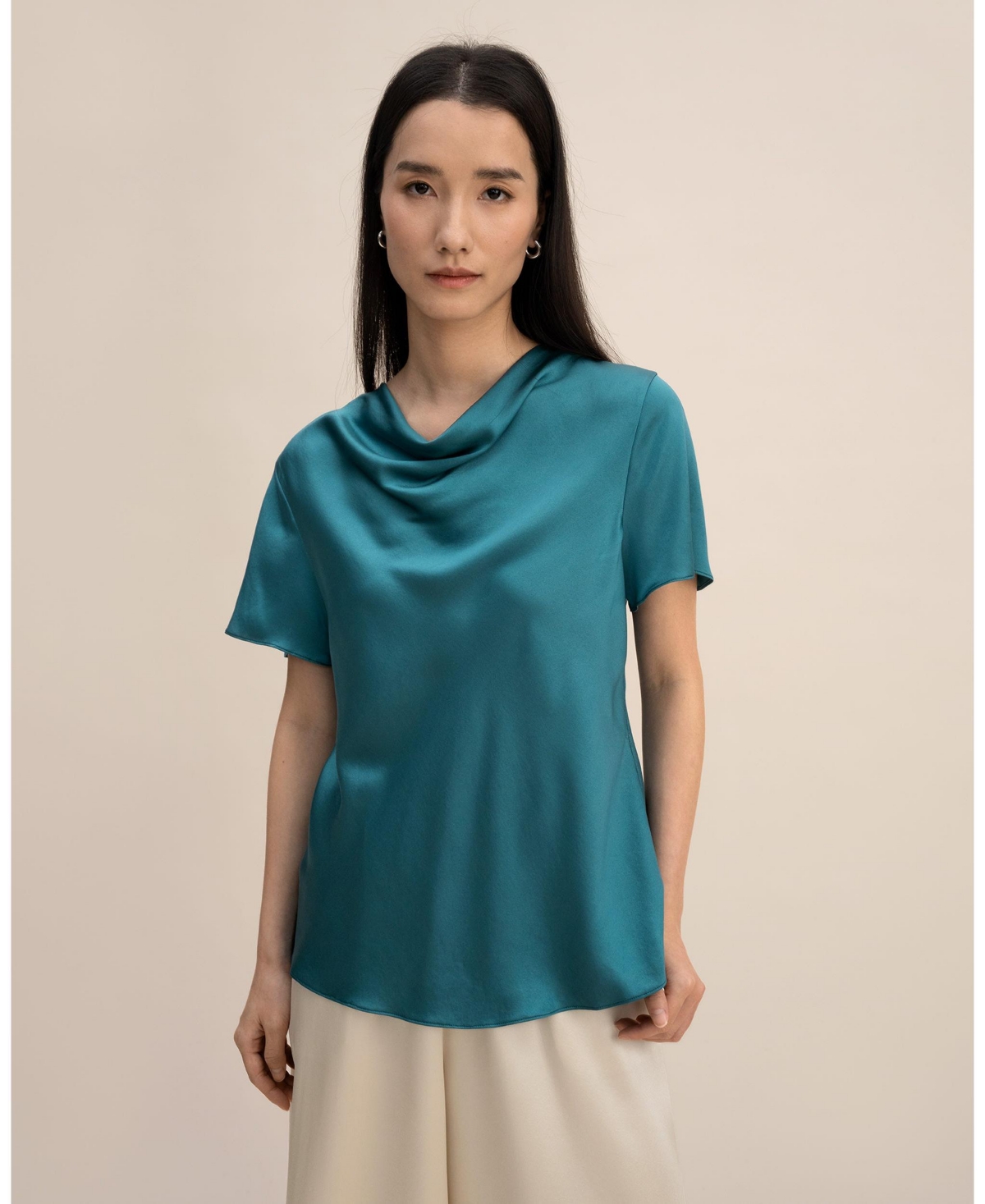 Women's Cowl Neck Short Sleeves Silk T-Shirt for Women - Adriatic blue