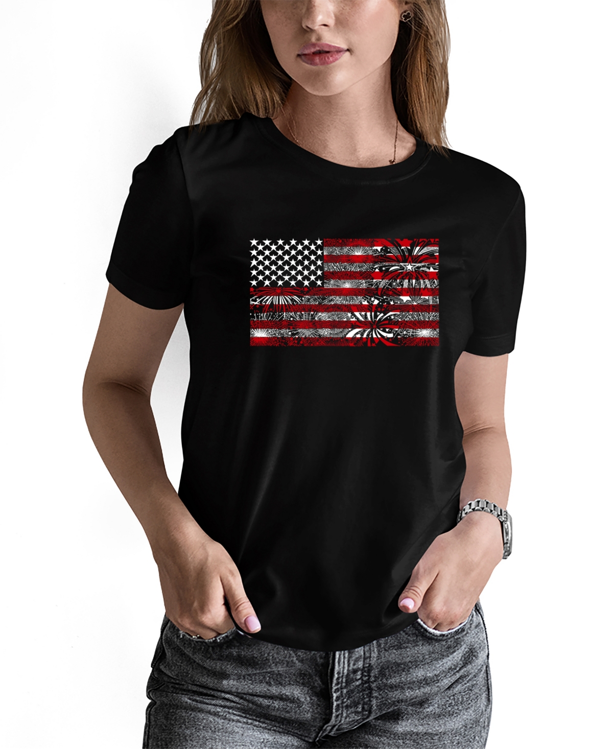 La Pop Art Women's Fireworks American Flag Short Sleeve T-shirt In Black