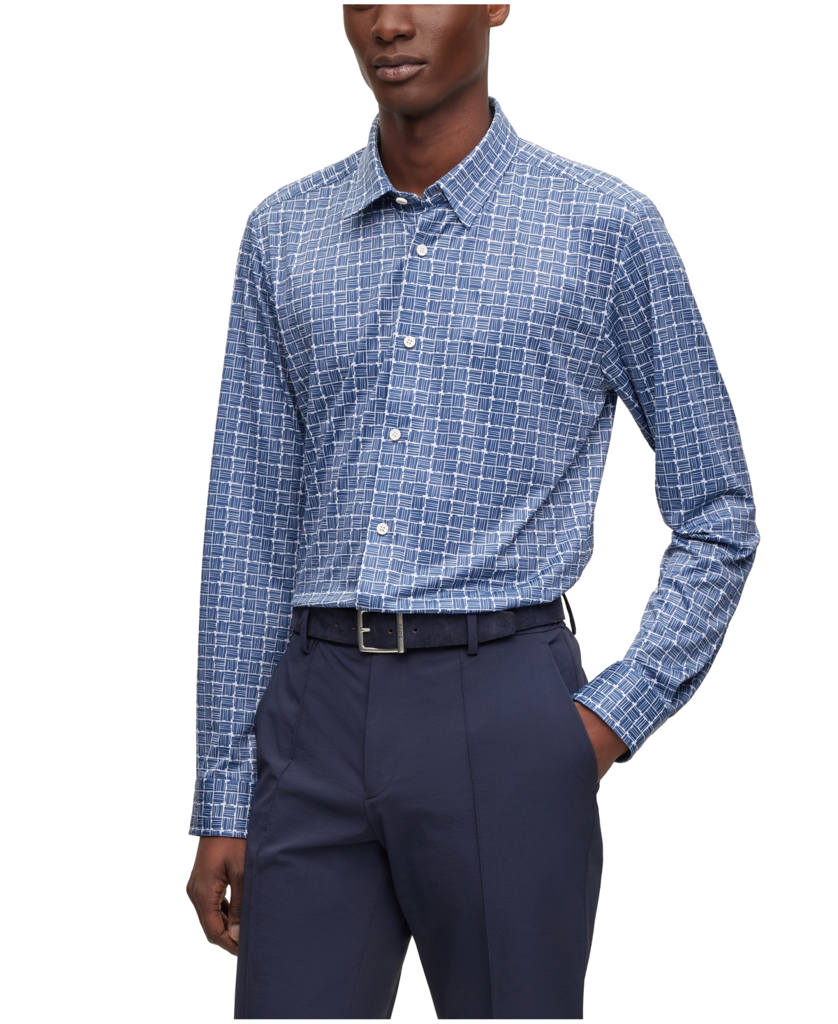 Hugo Boss Boss By  Men's Printed Performance-stretch Slim-fit Dress Shirt In Open Blue