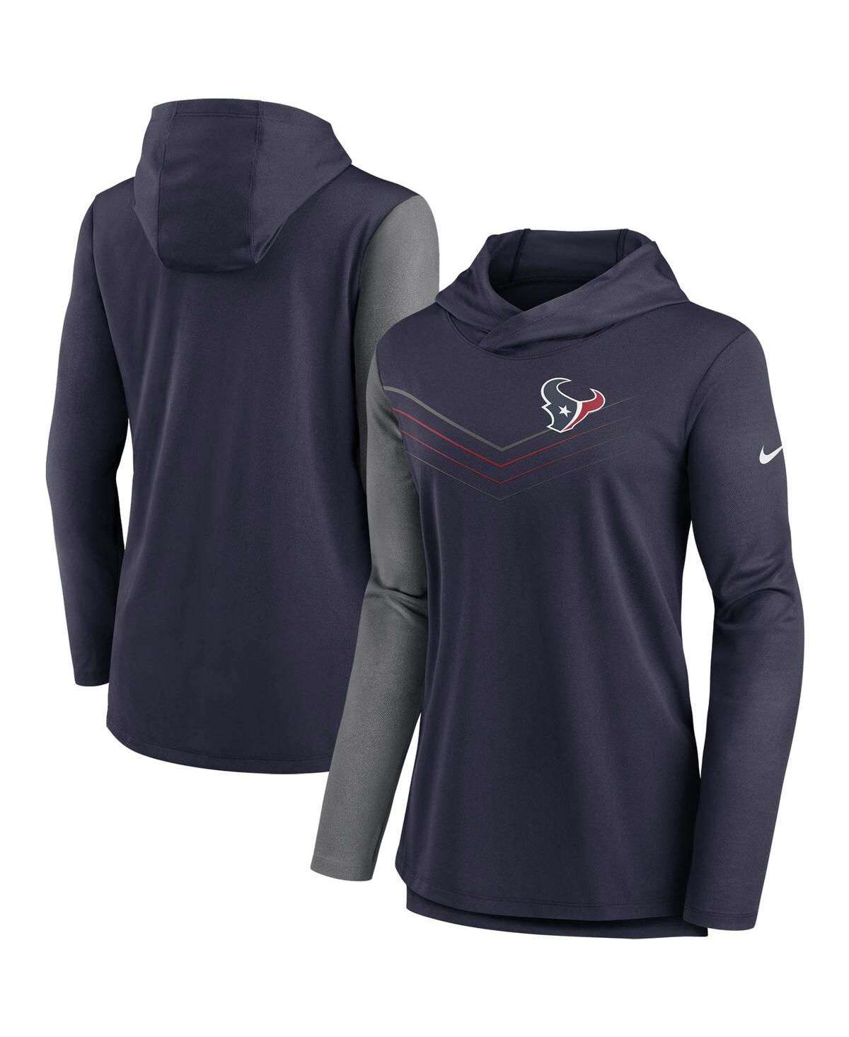 Nike Women's  Navy, Heathered Charcoal Houston Texans Chevron Hoodie Performance Long Sleeve T-shirt In Navy,heathered Charcoal
