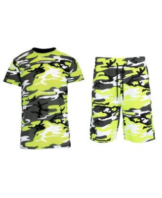 Galaxy By Harvic Men's Camo Short Sleeve T-shirt and Shorts, 2-Piece Set - Neon Green Camo