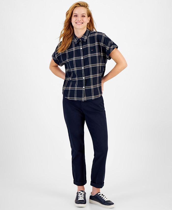 Tommy Jeans Women's Cotton Cuffed ShortSleeve Shirt Macy's