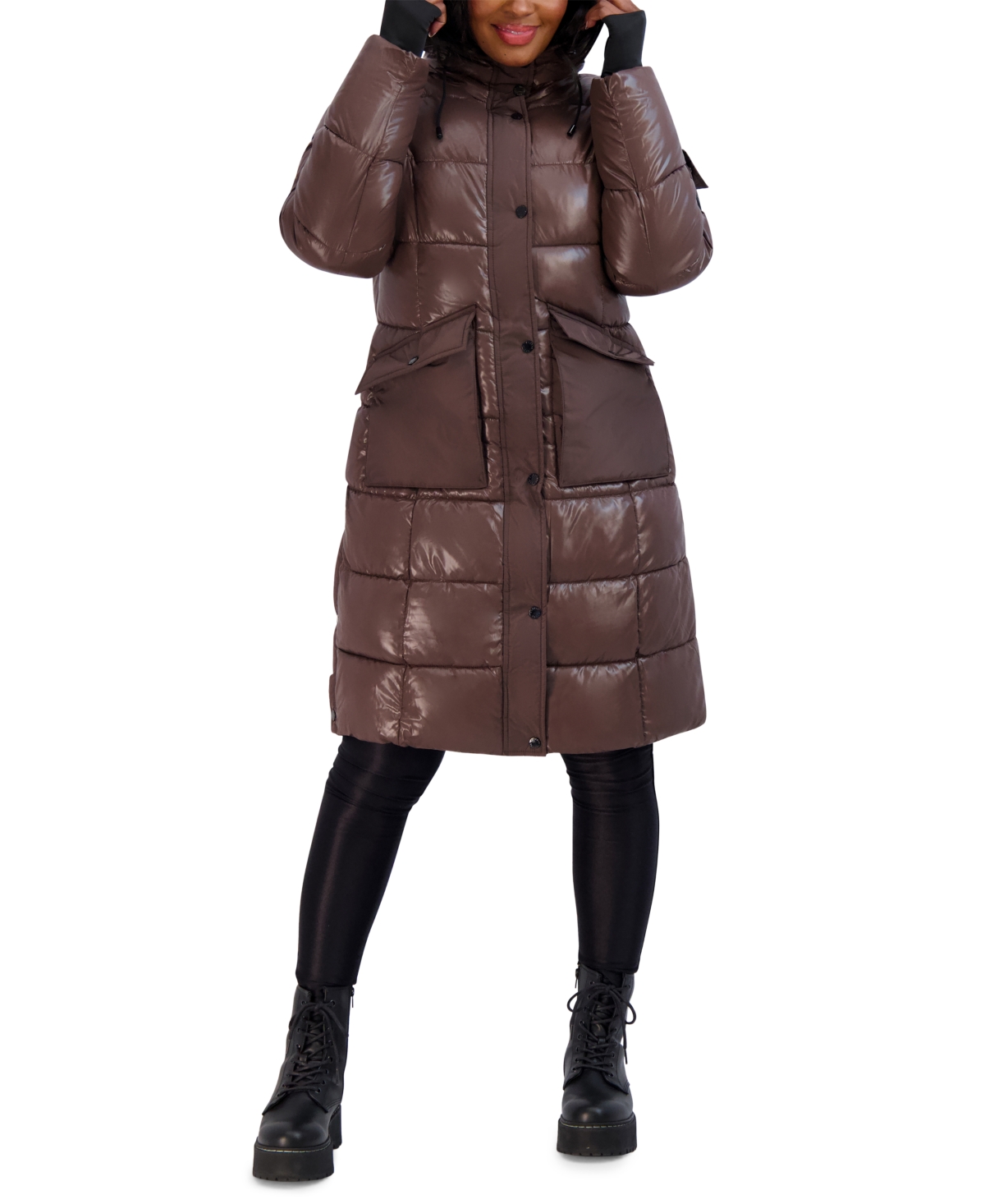Steve Madden Juniors' Hooded Puffer Coat In Brown ModeSens