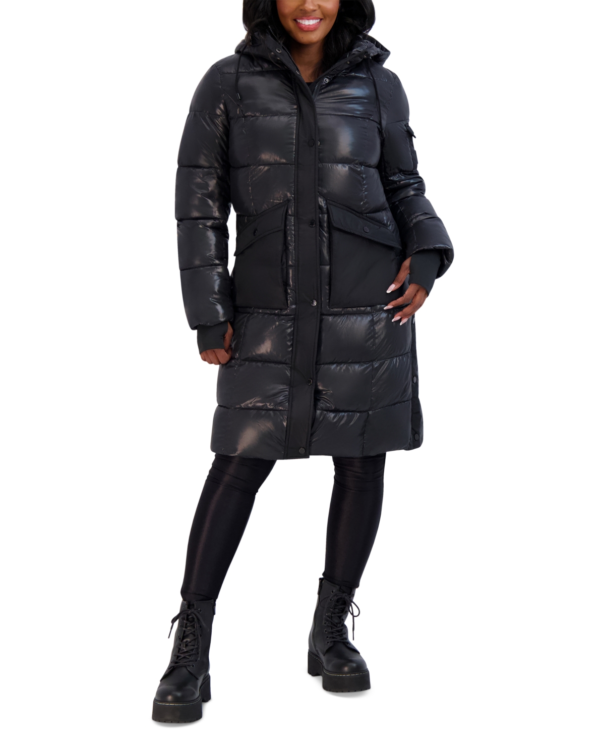 Steve Madden Juniors' Hooded Puffer Coat In Black