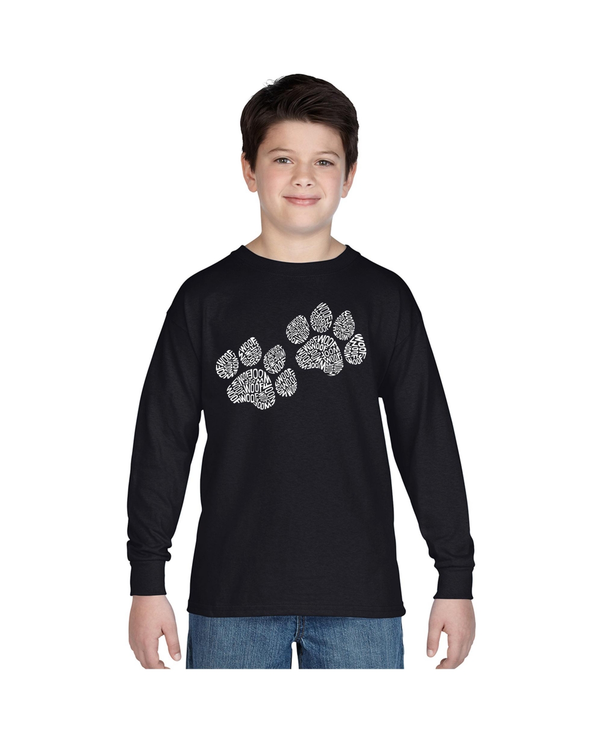 La Pop Art Men's Word Art Long Sleeve T-shirt- Woof Paw Prints In Black