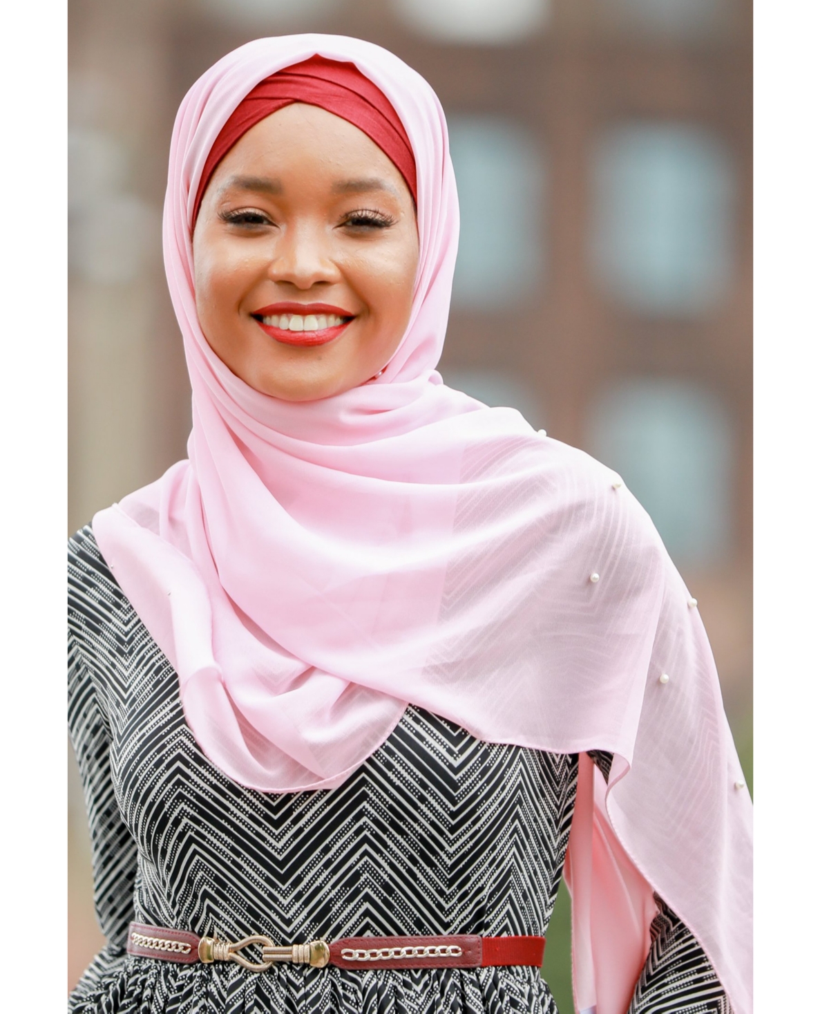 Women's Imitation Pearl Chiffon Hijab - Powder Pink