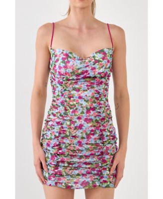 endless rose Women's Double Ruched Skinny Floral Mini Dress - Macy's