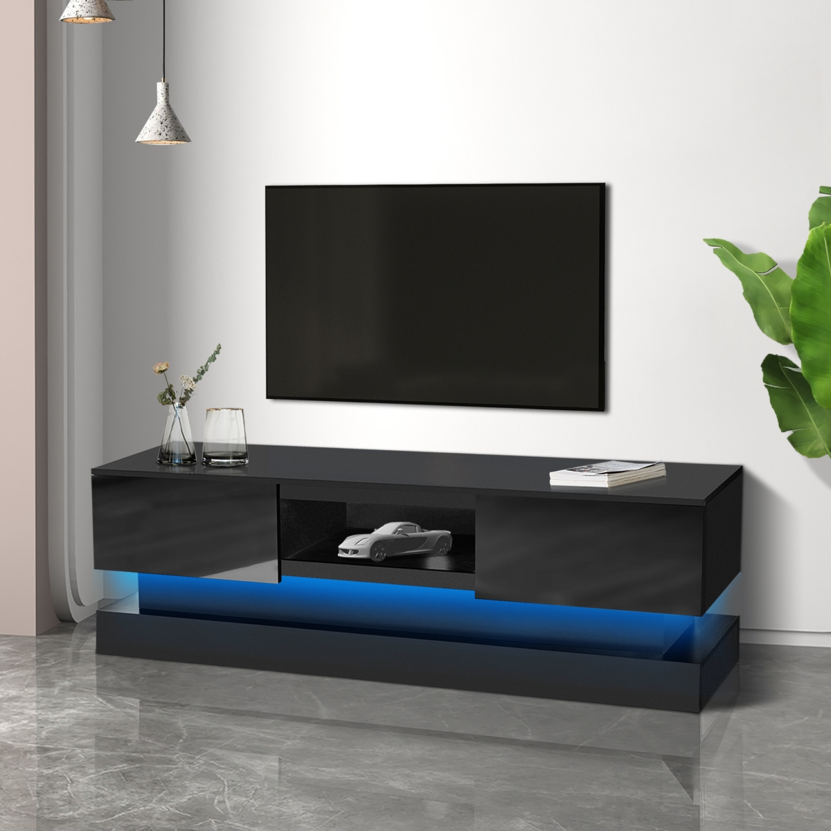 Streamdale 51.1" Modern Tv Stand With Led Lights, High Glossy Front Tv Cabinet
