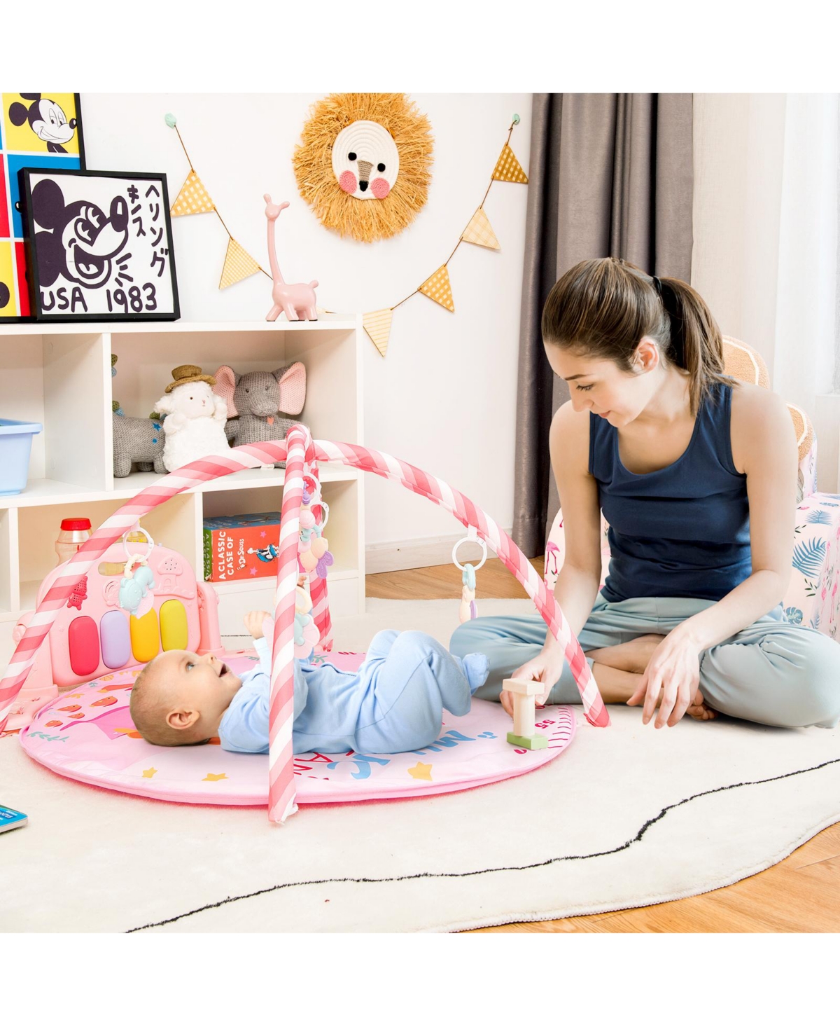 Costway Baby Gym Baby Play Mat Piano Gym w/ 5 Hanging Sensory Toys