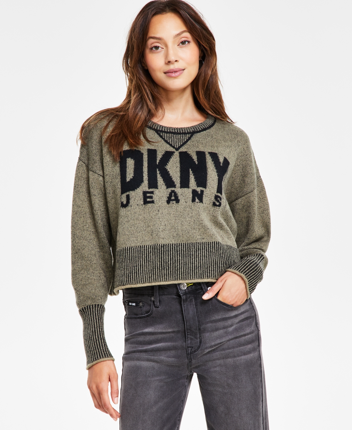Dkny Jeans Women's Crewneck Long-sleeve Logo Sweater In Light Fatigue,black