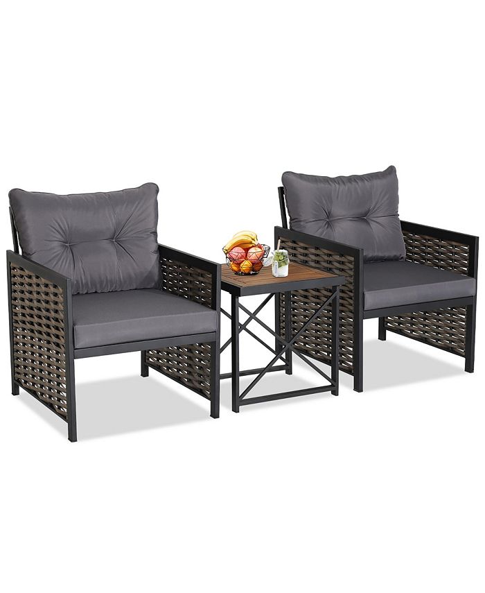 Costway 3 PCS Patio Rattan Furniture Set Acacia Wood Coffee Table & 2