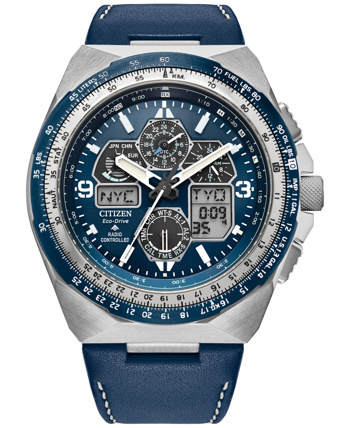 Citizen Eco-drive Men's Chronograph Promaster Skyhawk Blue Leather Strap Watch 46mm