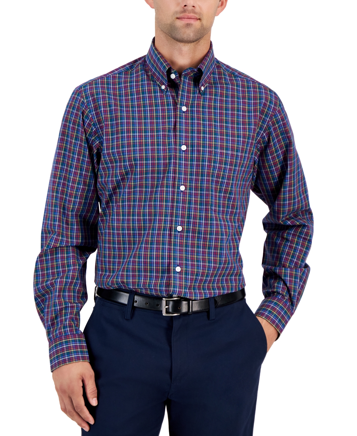 Club Room Men's Regular-fit Brighton Plaid Dress Shirt, Created For Macy's In Navy Bright