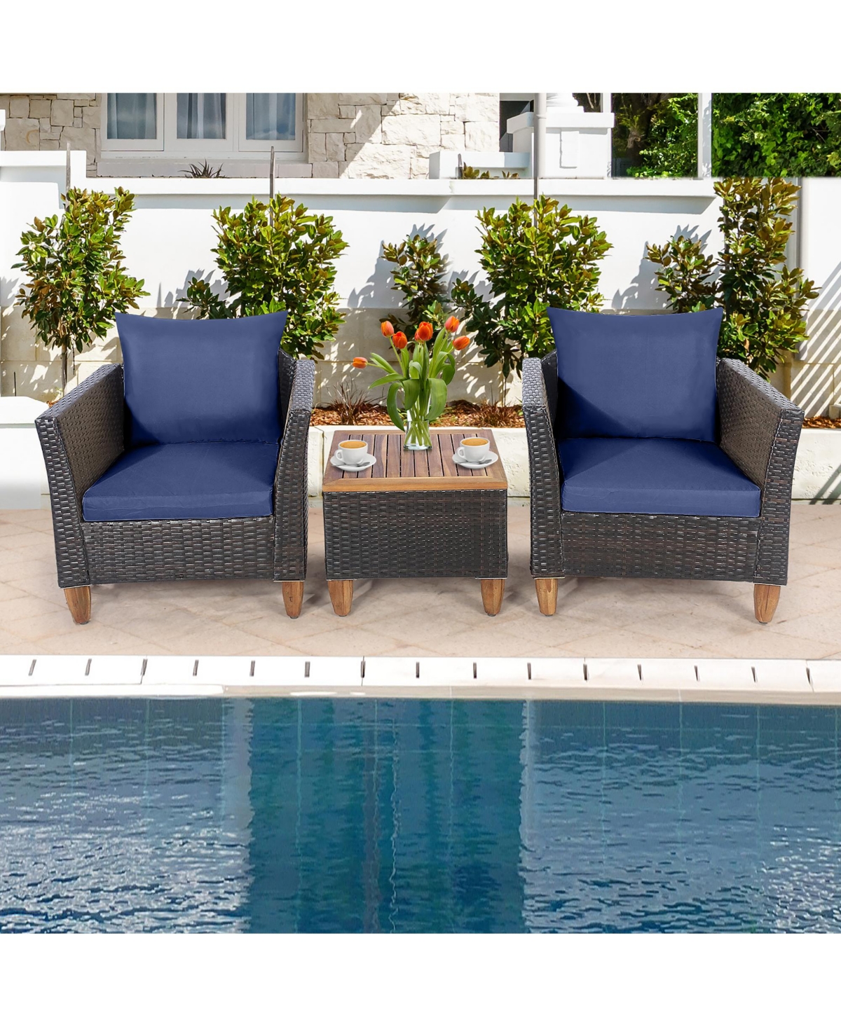 Costway 3PCS Patio Rattan Bistro Furniture Set Wood Table Top Cushion Sofa