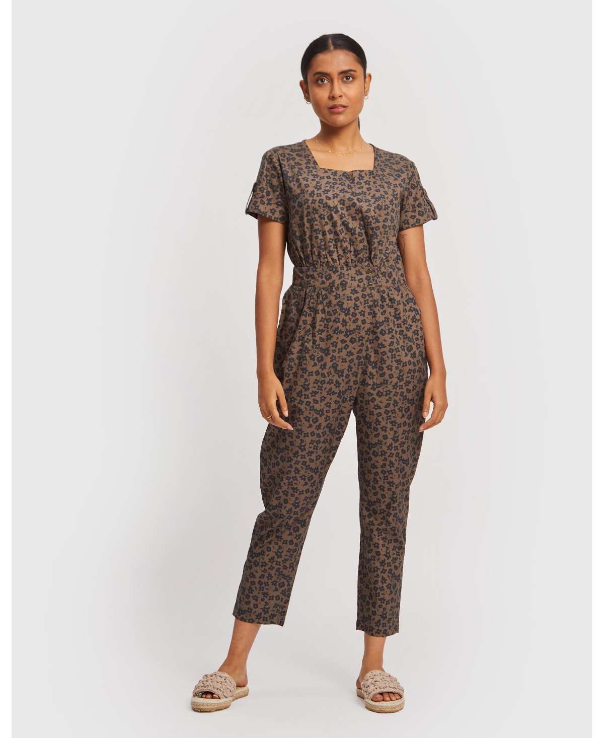 Womens Spotted Overlap Jumpsuit - Brown