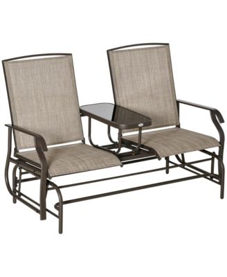2-Person Outdoor Glider Bench w/ Center Table, Steel Frame for Backyard Garden Porch, Brown