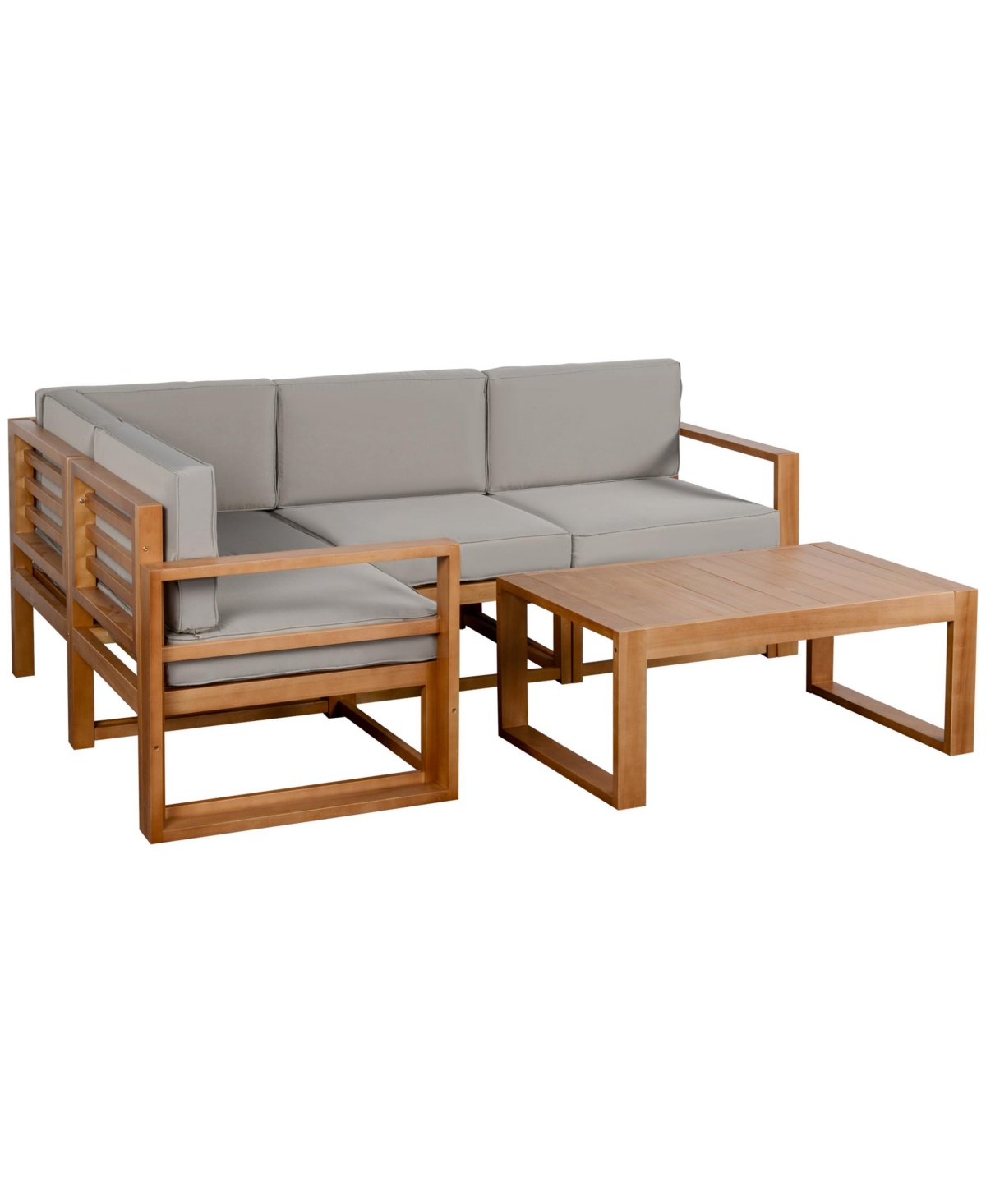 Outsunny 4 Seater Shaped Patio Furniture Set, Wood Outdoor Sectional Sofa Conversation Set with Coffee Table and Cushions for Garden, Backyard, Porc
