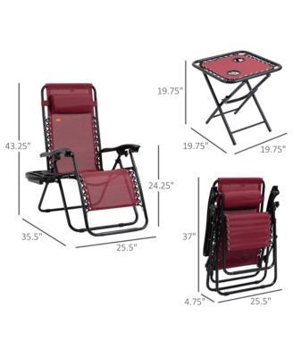 3-Piece Outdoor Chaise Lounger Chair Set, Folding Reclining Zero Gravity Chair with Side Table, Cup Holder and Headrest for Patio, Yard, Beach, Pool, Wine Red