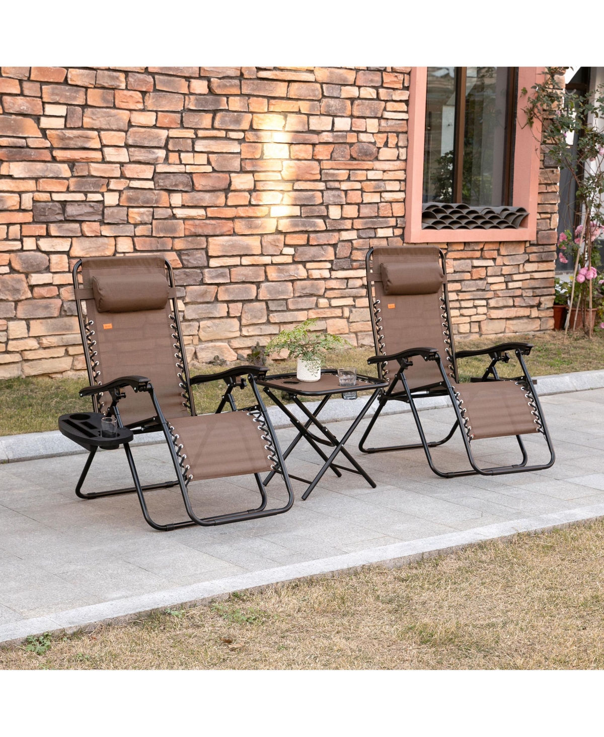 Outsunny 3-Piece Outdoor Chaise Lounger Chair Set, Folding Reclining Zero Gravity Chair with Side Table, Cup Holder and Headrest for Patio, Yard, Beac