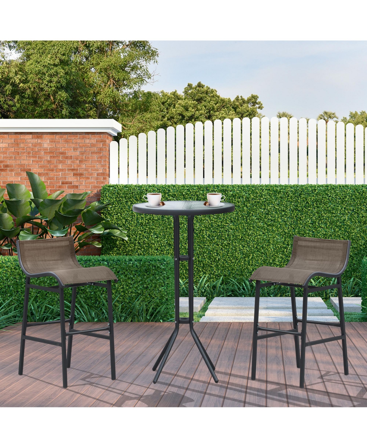 Outsunny 3 Piece Bar Height Outdoor Bistro Set for 2, Round Patio Pub Table 2 Bar Chairs with Comfortable Design & Durable Build, Black- Tan
