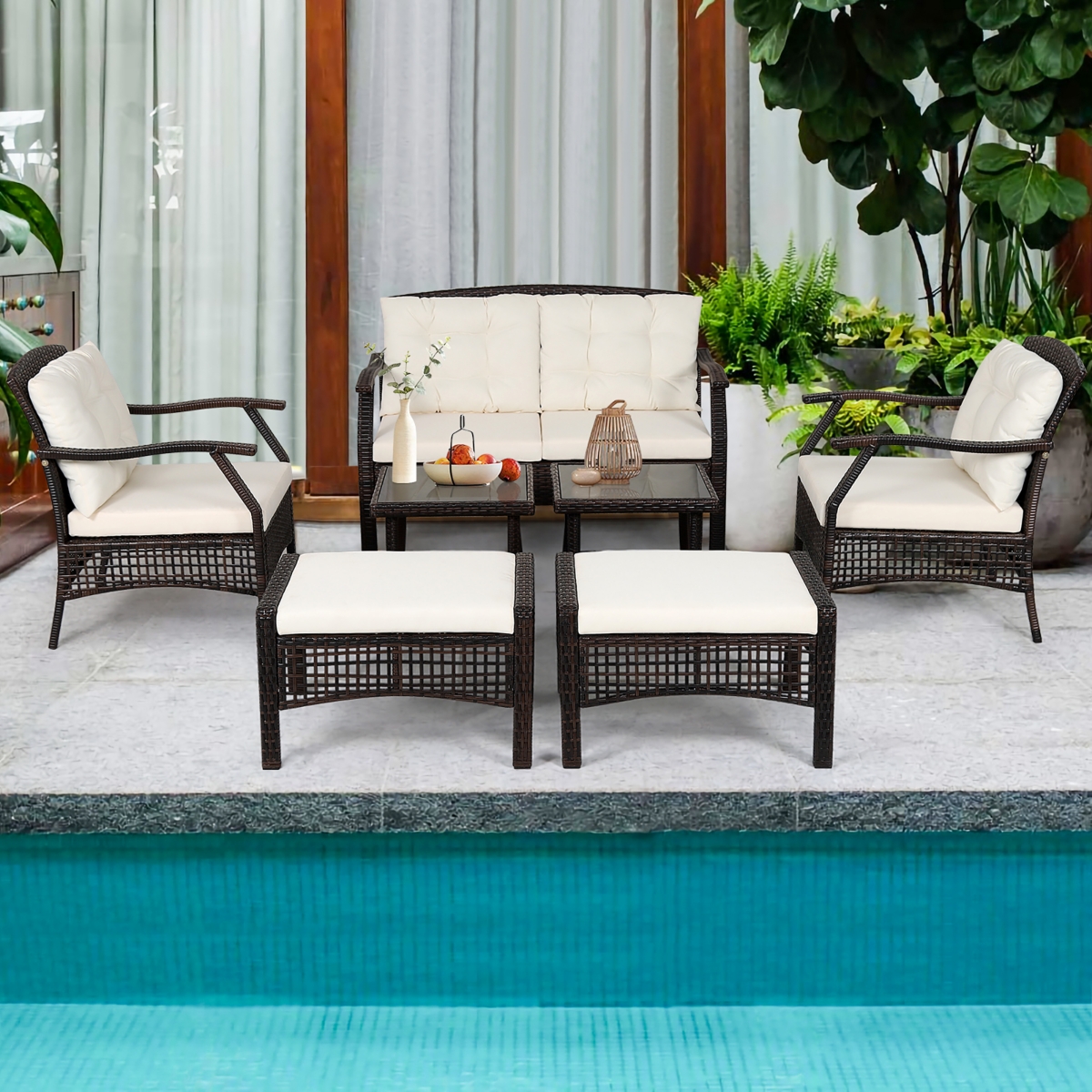 7PCS Patio Rattan Furniture Set Cushioned Sofas Loveseat Yard W/Waterproof Cover