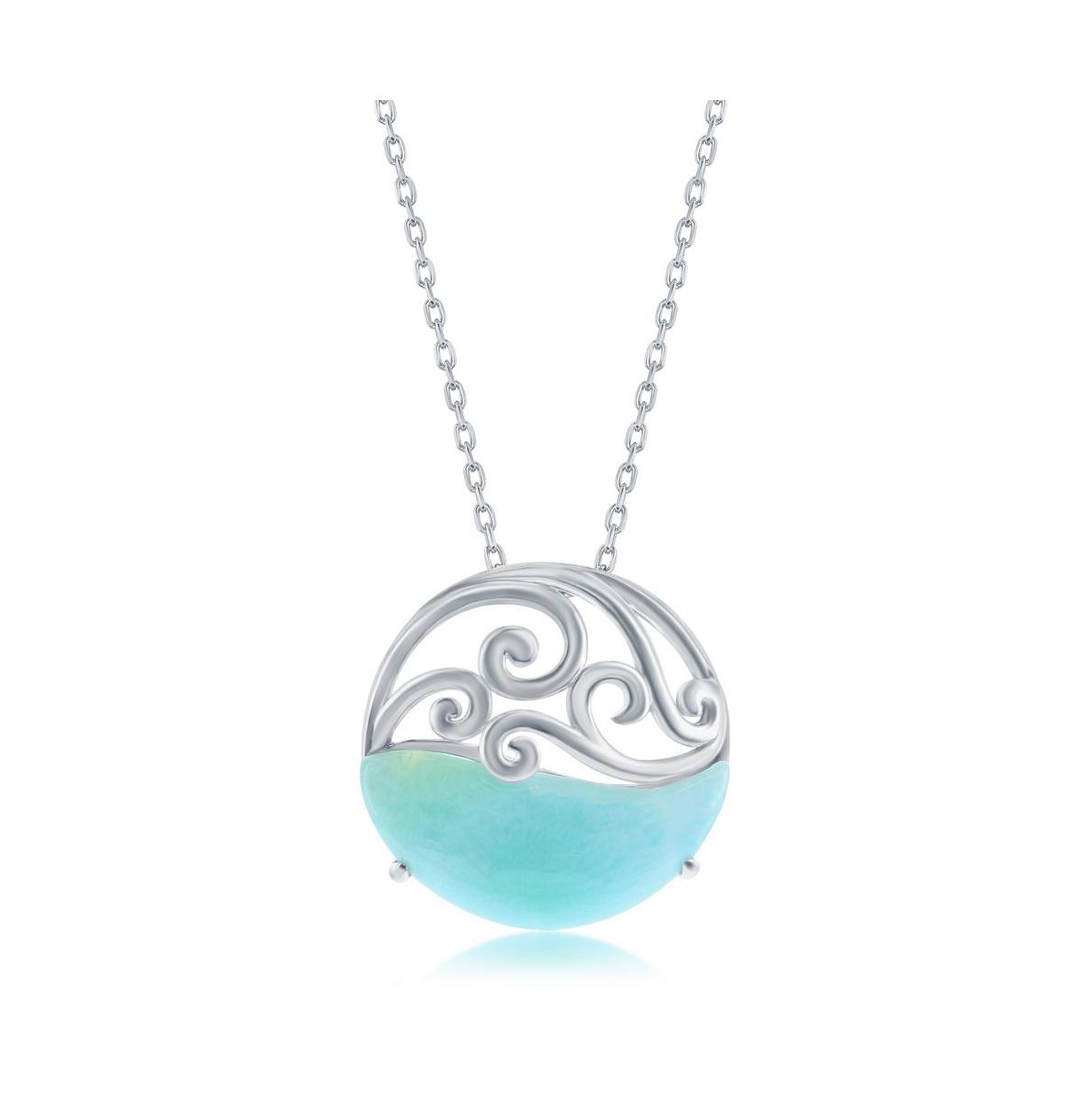 Sterling Silver Round Larimar Waves Necklace - Blue