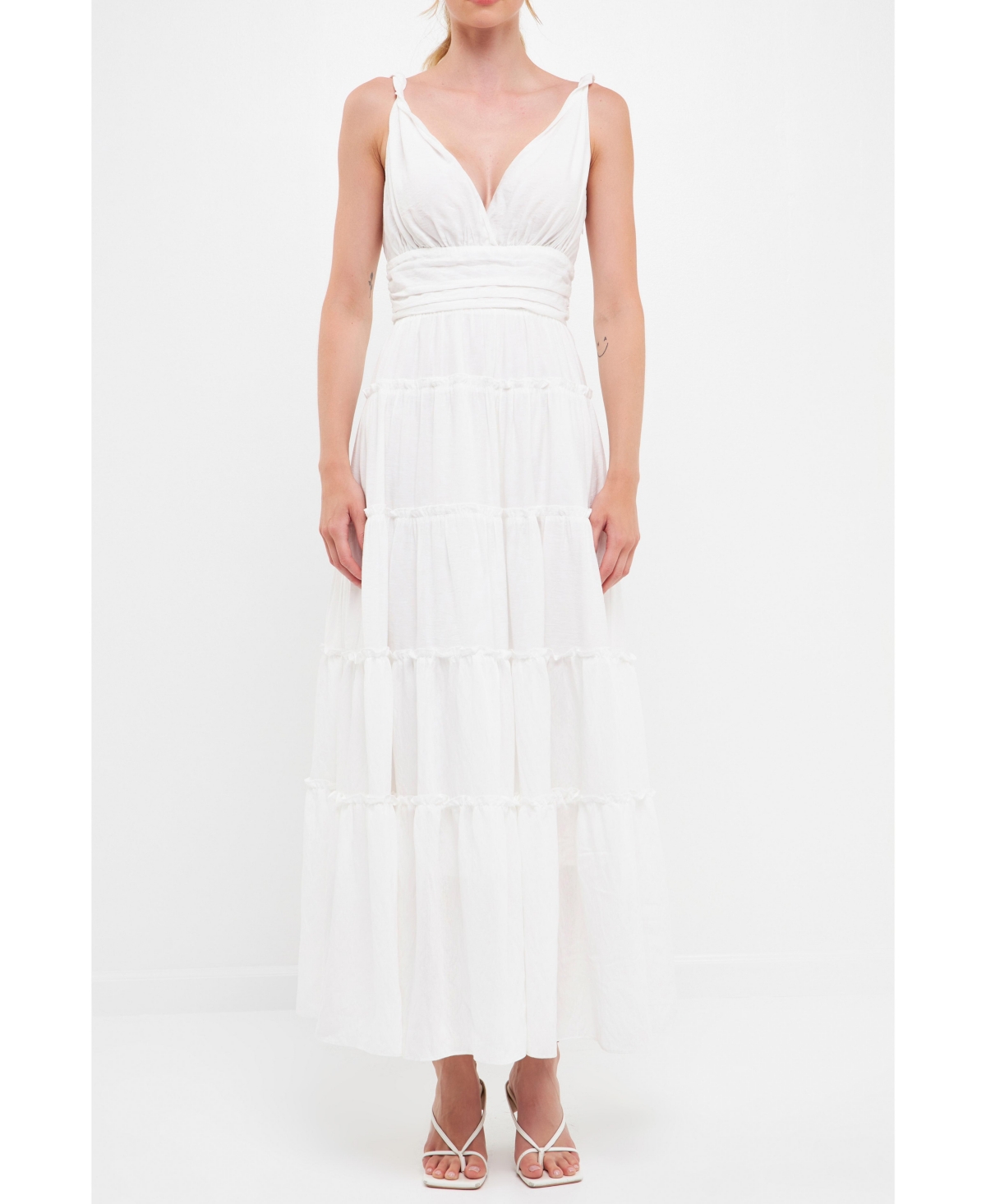 Women's Strap Twist Ruffled Crinkled Maxi Dress - White