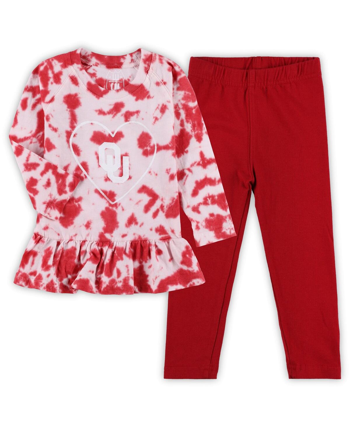 Shop Wes & Willy Girls Infant  Crimson Oklahoma Sooners Tie-dye Ruffle Raglan Long Sleeve T-shirt And Legg