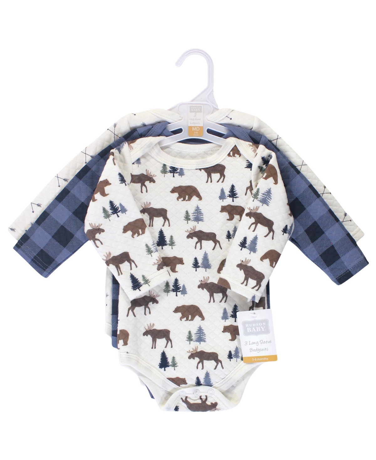 Hudson Baby Baby Boys Quilted Long-Sleeve Cotton Bodysuits 3pk,- Moose bear