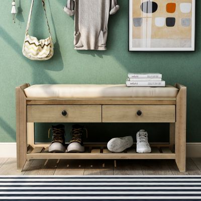 Multipurpose Entryway Bench with Cushioned Seat and Drawers