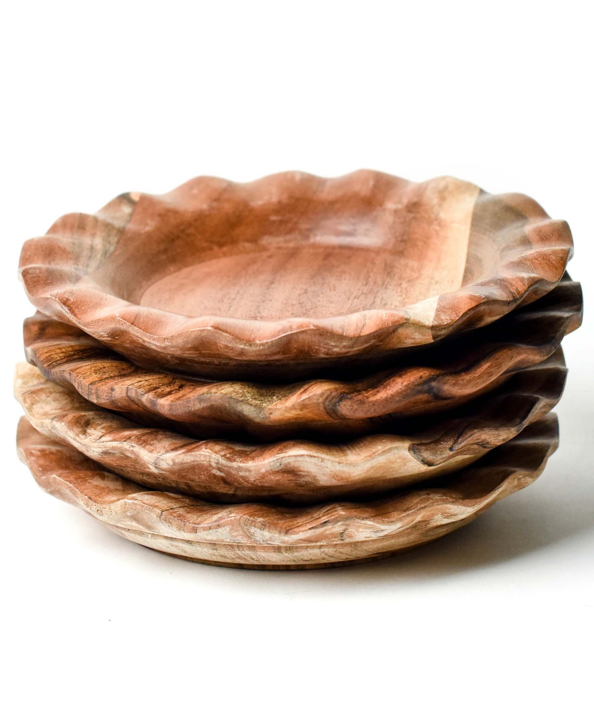 Fundamental Wood Ruffle 8" Salad Plate Set of 4, Service for 4 - Brown