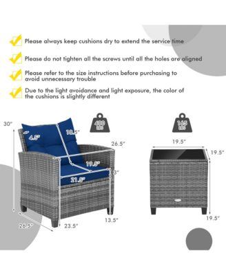 3PCS Patio Rattan Furniture Bistro Set Cushioned Sofas Side Table Armrest