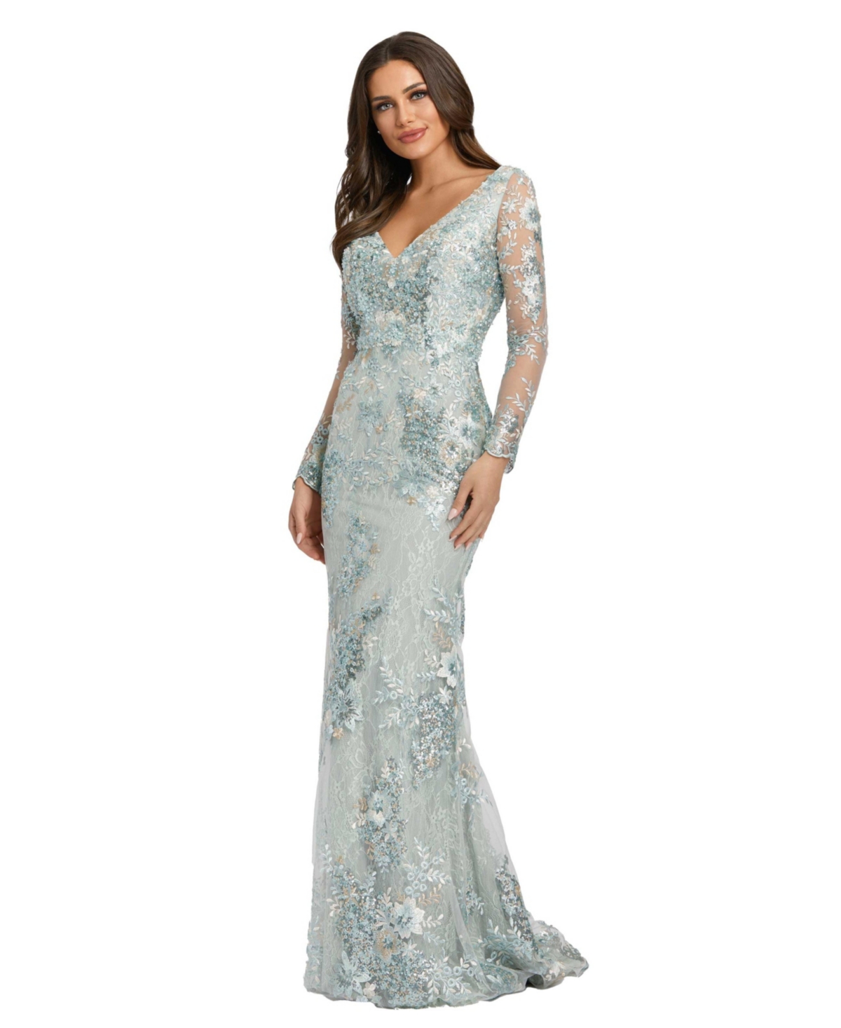 MAC DUGGAL WOMEN'S EMBELLISHED V NECK ILLUSION LONG SLEEVE GOWN