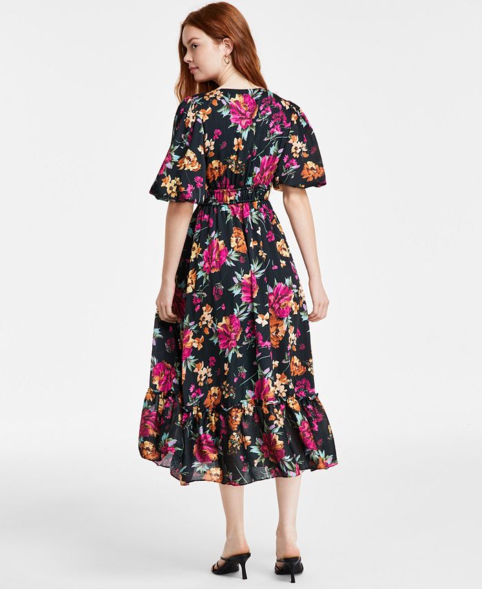 kensie Women's Floral-Print Elastic-Waist Puff-Sleeve Tiered Dress - Macy's