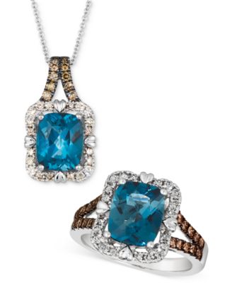 Deep Sea Blue Topaz Diamond Pendant Necklace Ring Collection In 14k White Gold