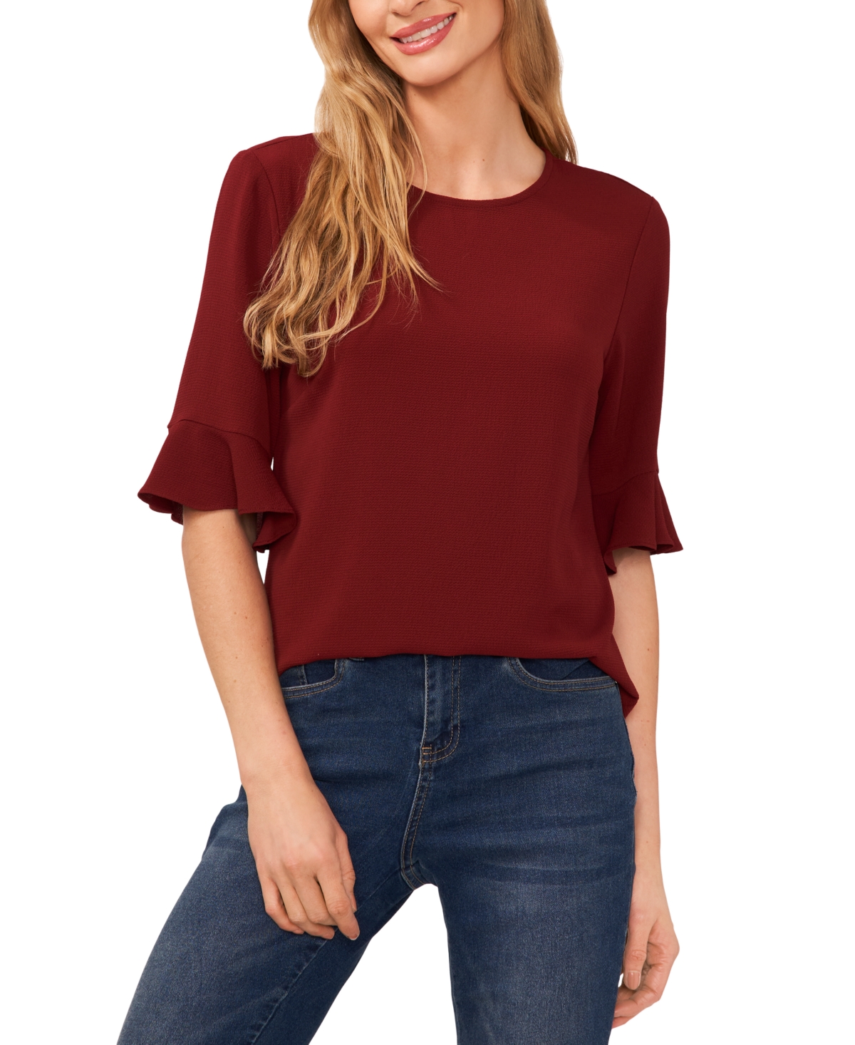 Cece Women's Crewneck 3/4-sleeve Ruffled Cuff Blouse In Claret Red