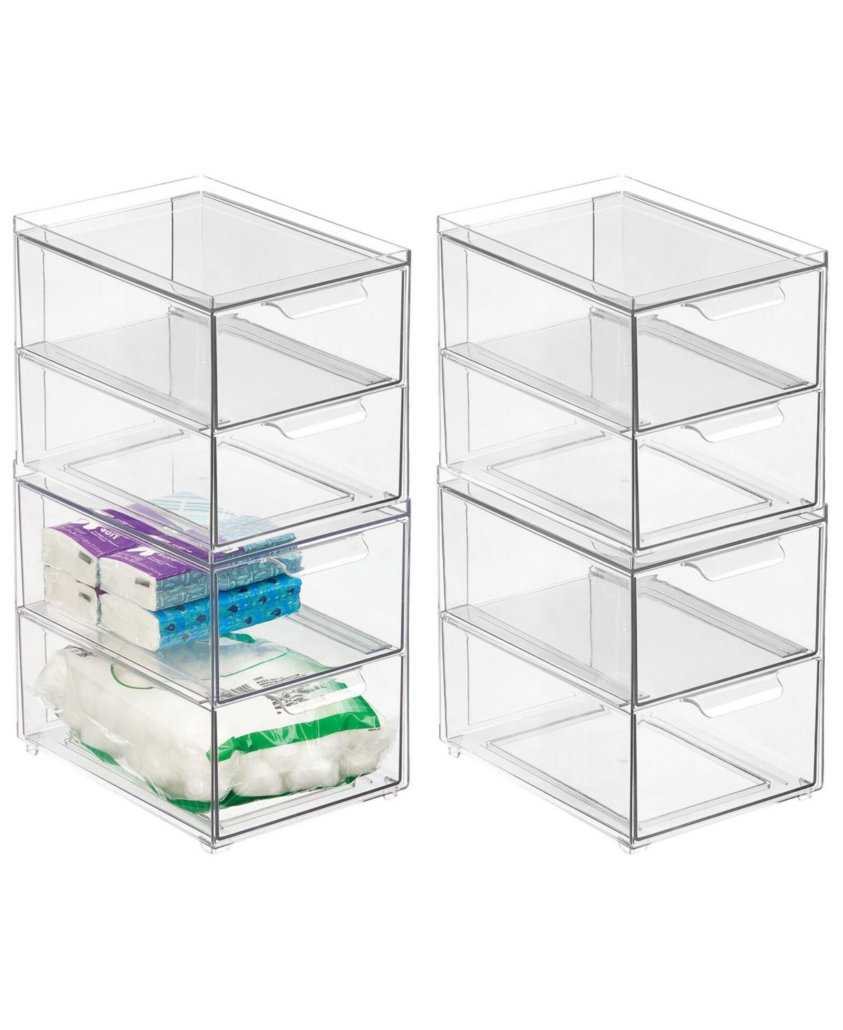 Plastic Stackable Bathroom Vanity Storage Organizer with Drawer - 8 x 6 x 7.5 - 4 Pack - Clear