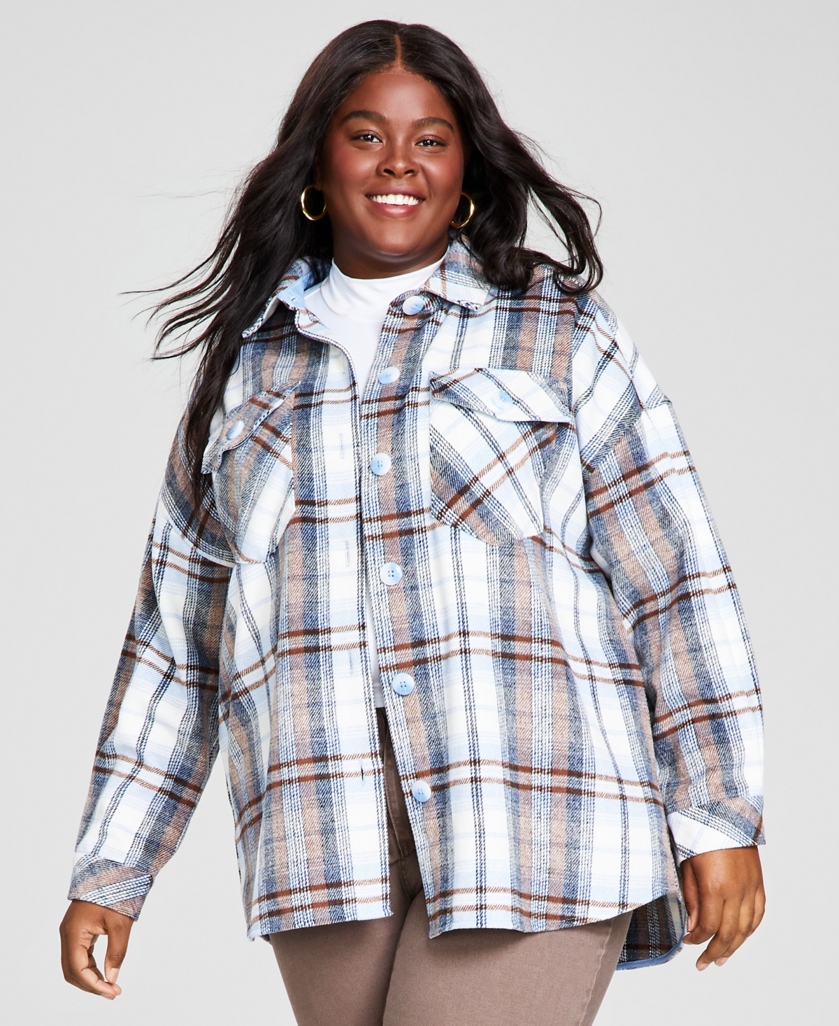 And Now This Trendy Plus Size Plaid-print Shacket In Blue Brown Plaid