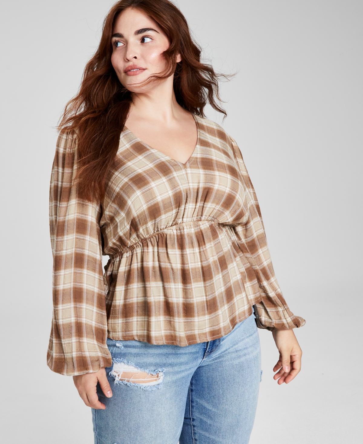 And Now This Trendy Plus Size Peplum-hem Blouson-sleeve Top In Almond Plaid