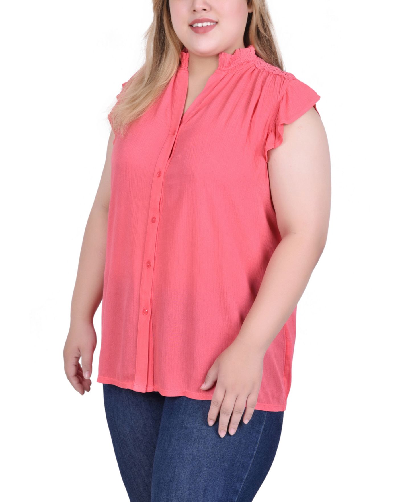 Женская блузка NY Collection Plus Size Short Flutter Sleeve Crepon, цвет: Коралловый — фото 3