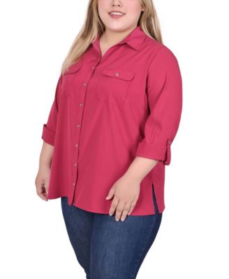 Plus Size 3/4 Roll Tab Blouse with Pockets