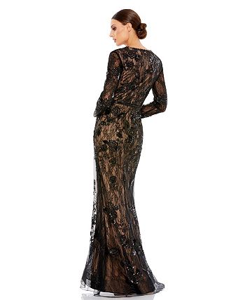 Mac Duggal Women's Embellished Long Sleeve Plunge Neck Trumpet Gown 