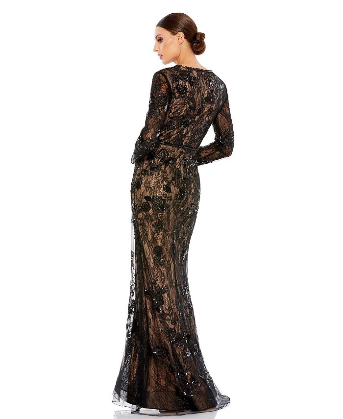 Mac Duggal Women's Embellished Long Sleeve Plunge Neck Trumpet Gown ...