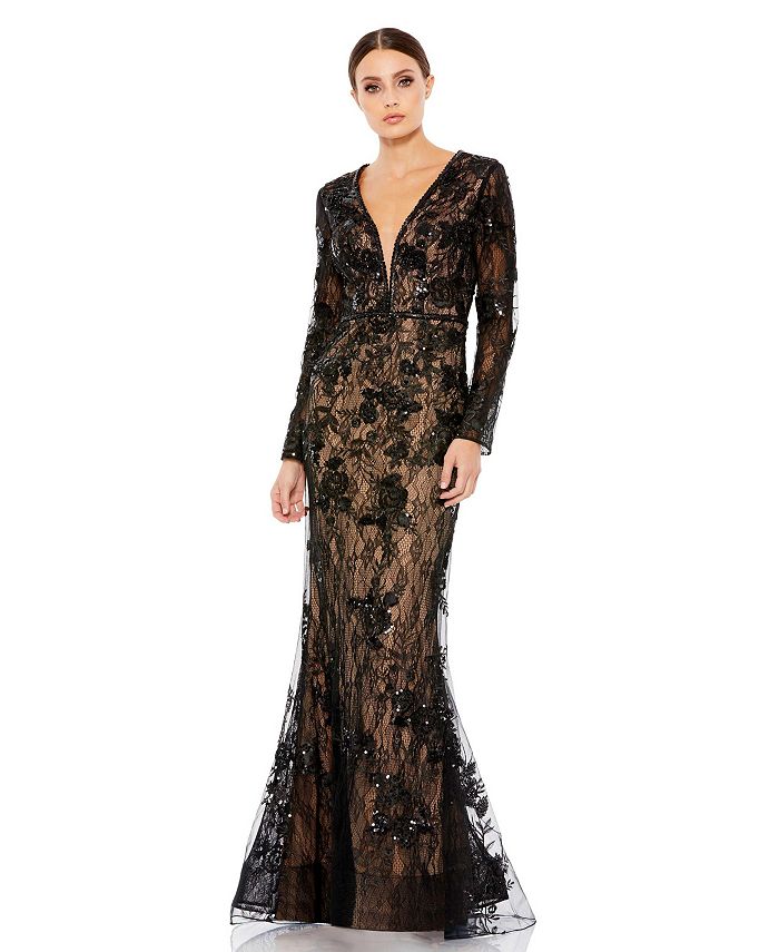 Mac Duggal Women's Embellished Long Sleeve Plunge Neck Trumpet Gown ...